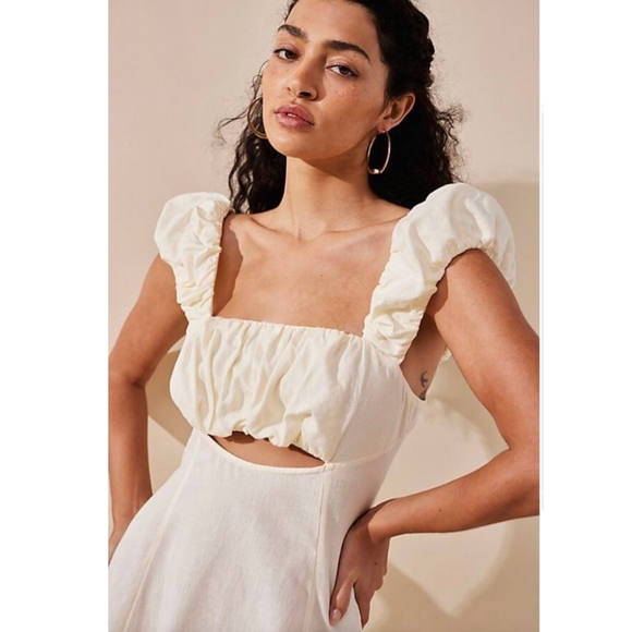 Free People Linen Bom‎ Bom Island Mini Sz L Puff Straps Cutout Bow Back Cottage - Picture 3 of 11